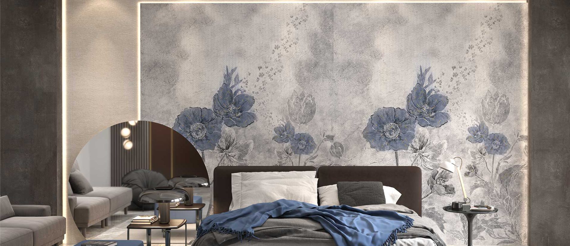 a bedroom used a porcelain slab for the wall that looks like a flower