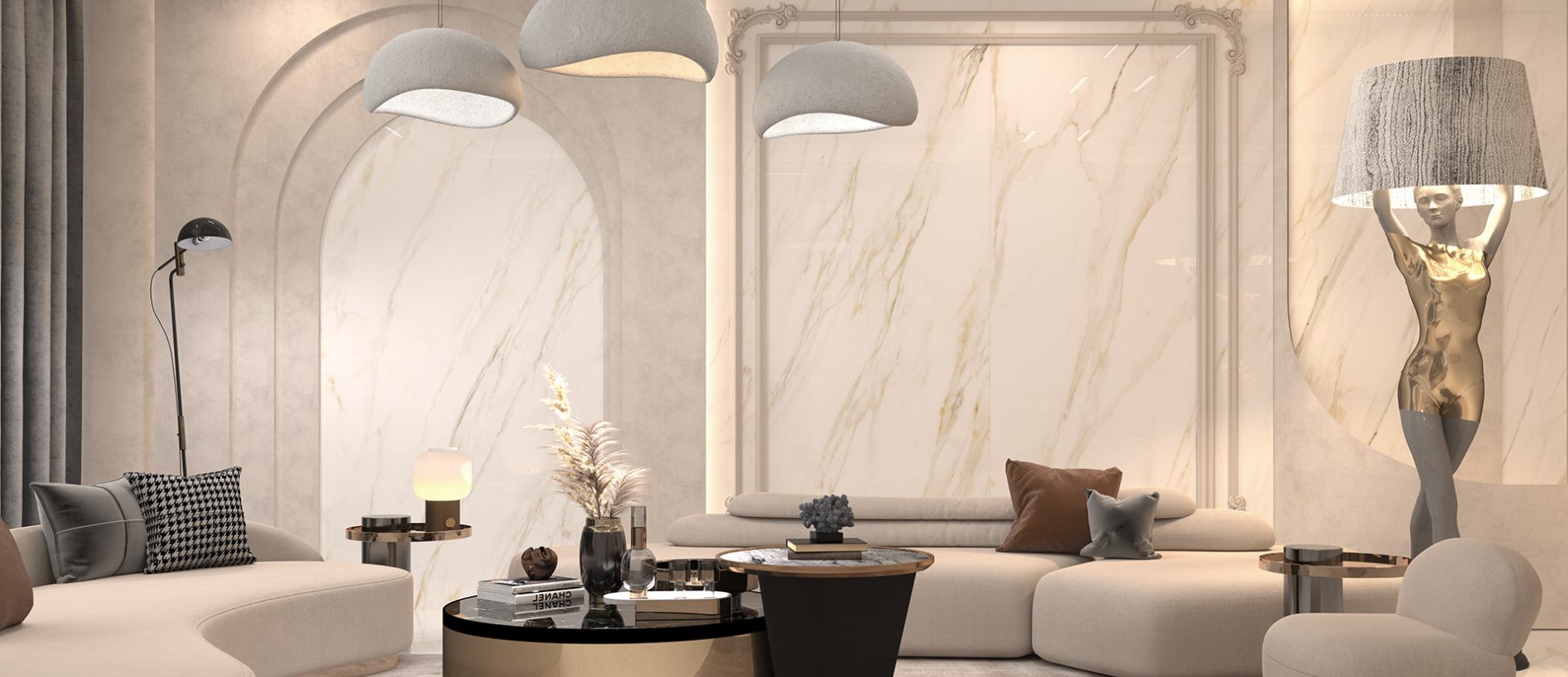 Elegant living room featuring ceramic walls and stylish gold and white decor.